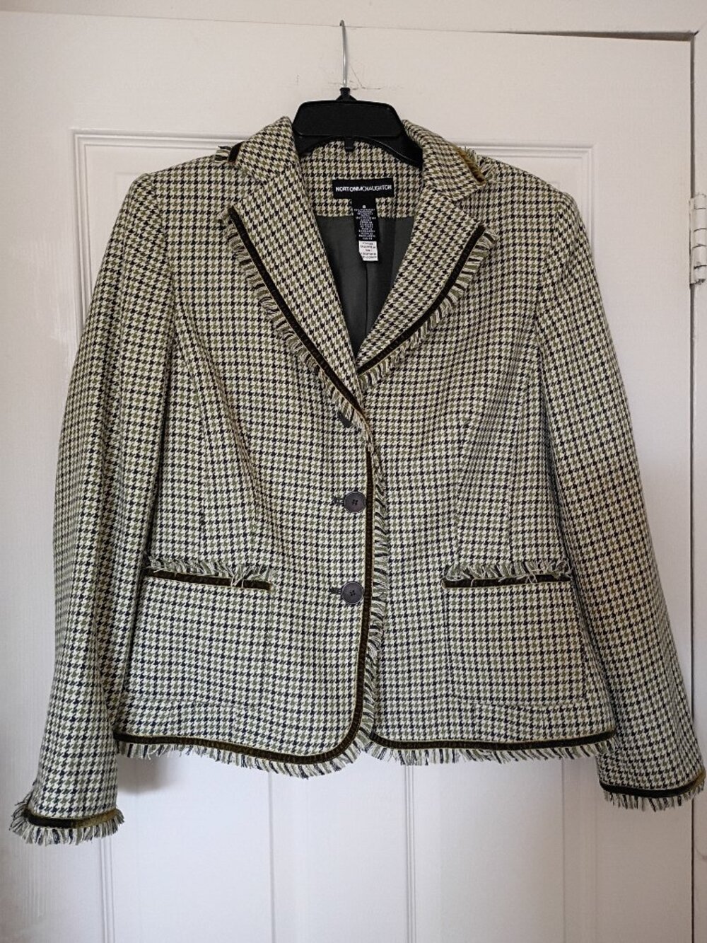 CLASSIC! NortonMcNaughton Green Check Velvet Fringe Jacket Size 8